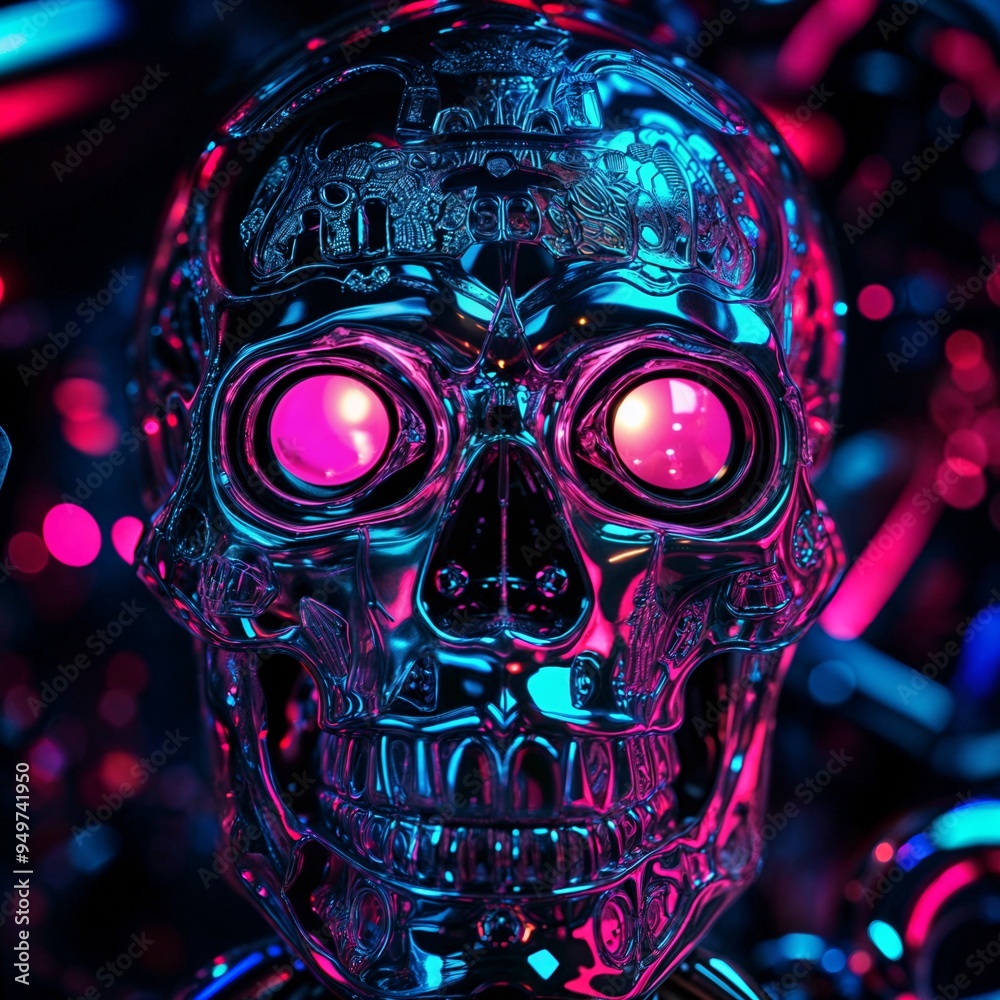 metallic skull with glowing eyes, positioned in the center of a dark, futuristic environment metallic skull with glowing eyes, positioned in the center of a dark, futuristic environment