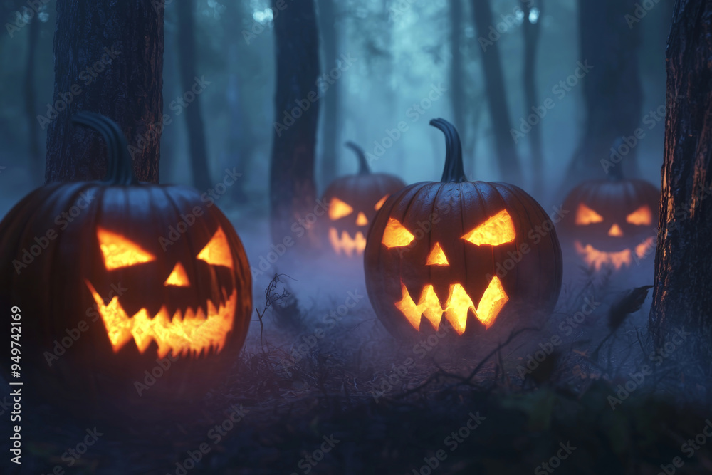 Illuminated Jack-o'-Lanterns in a Foggy Forest Illuminated Jack-o'-Lanterns in a Foggy Forest