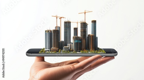 A hand holding a mobile flat on palm , and Multiple construction city building coming out from a flat mobile screen kept flat on a surface, solid white background