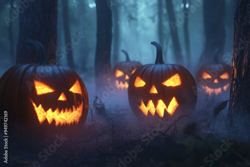 Illuminated Jack-o'-Lanterns in a Foggy Forest