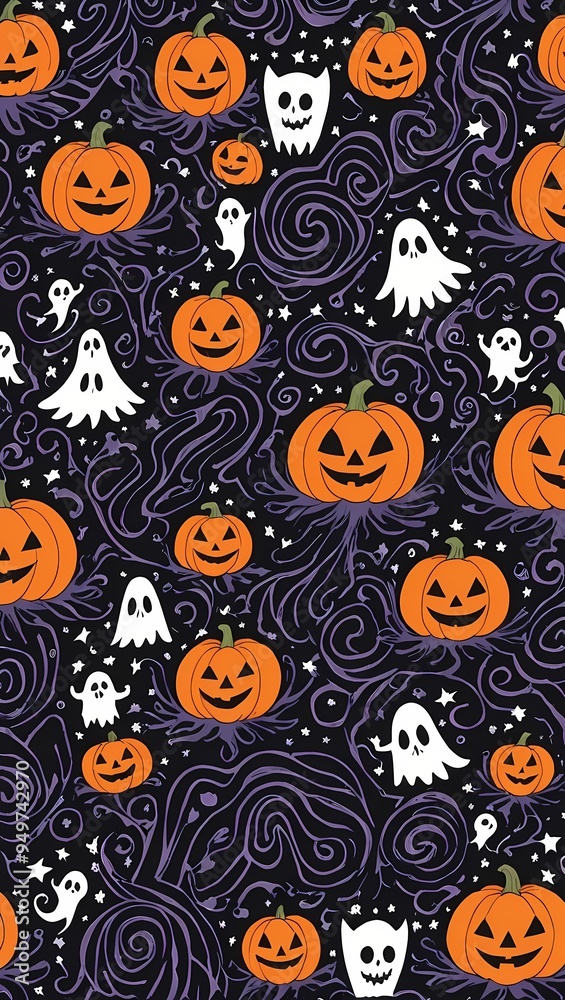 Colorful pumpkins and playful ghosts create a delightful Halloween pattern for festive decor Colorful pumpkins and playful ghosts create a delightful Halloween pattern for festive decor