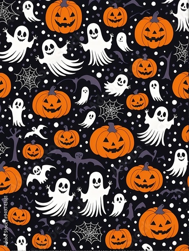 A bright Halloween-themed pattern showcases playful ghosts and pumpkins against a dark background