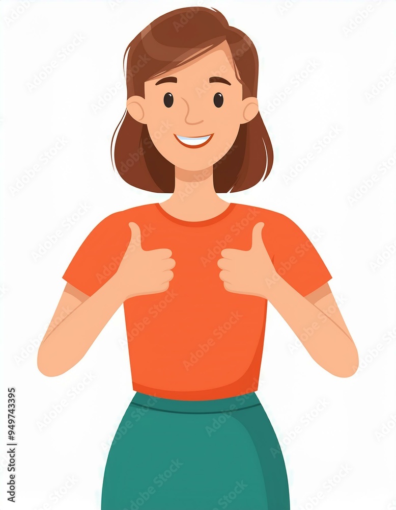 Like sign, joy, approval, happiness concept. Young happy smiling woman or girl teenager cartoon character showing thumbs up. Success and goal achievement facial expression flat vector illustration.