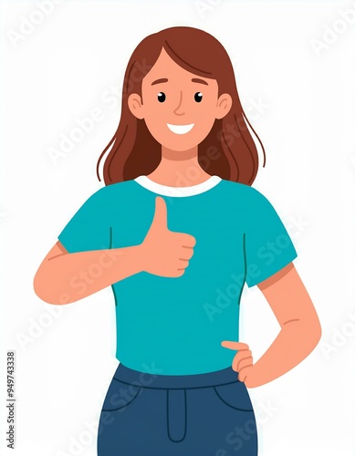 Like sign, joy, approval, happiness concept. Young happy smiling woman or girl teenager cartoon character showing thumbs up. Success and goal achievement facial expression flat vector illustration.