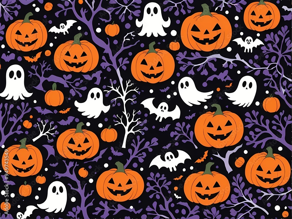 Colorful Halloween elements like ghosts and pumpkins create a festive minimal pattern Colorful Halloween elements like ghosts and pumpkins create a festive minimal pattern