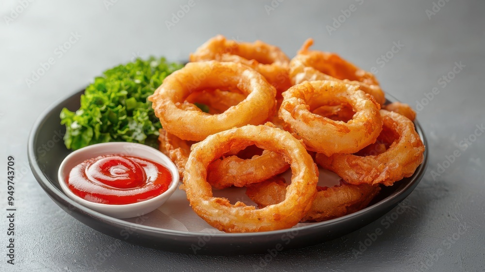 A plate of onion rings with a side of ketchup, Fried favorites, Savory snack food