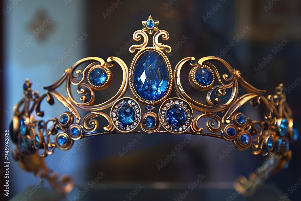 Fototapeta premium Blue Jewel. Gold Crown with Precious Blue Stone for Royalty and Nobility