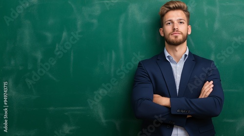 Confident Educator: A young male teacher stands confidently with crossed arms against a vibrant green chalkboard, ready to inspire. 