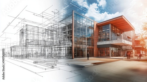 the left half displays architectural blueprints in classic drafting style, complete with detailed lines and dimensions.