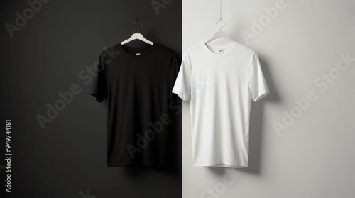 An image of two white walls with a black blank t-shirt hanging on them, ready for your design to be placed on them. Generative Ai 