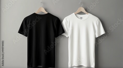 An image of two white walls with a black blank t-shirt hanging on them, ready for your design to be placed on them. Generative Ai 