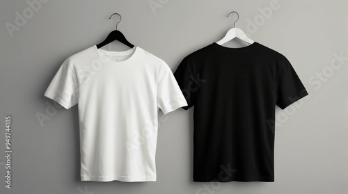 An image of two white walls with a black blank t-shirt hanging on them, ready for your design to be placed on them. Generative Ai 