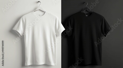 An image of two white walls with a black blank t-shirt hanging on them, ready for your design to be placed on them. Generative Ai 