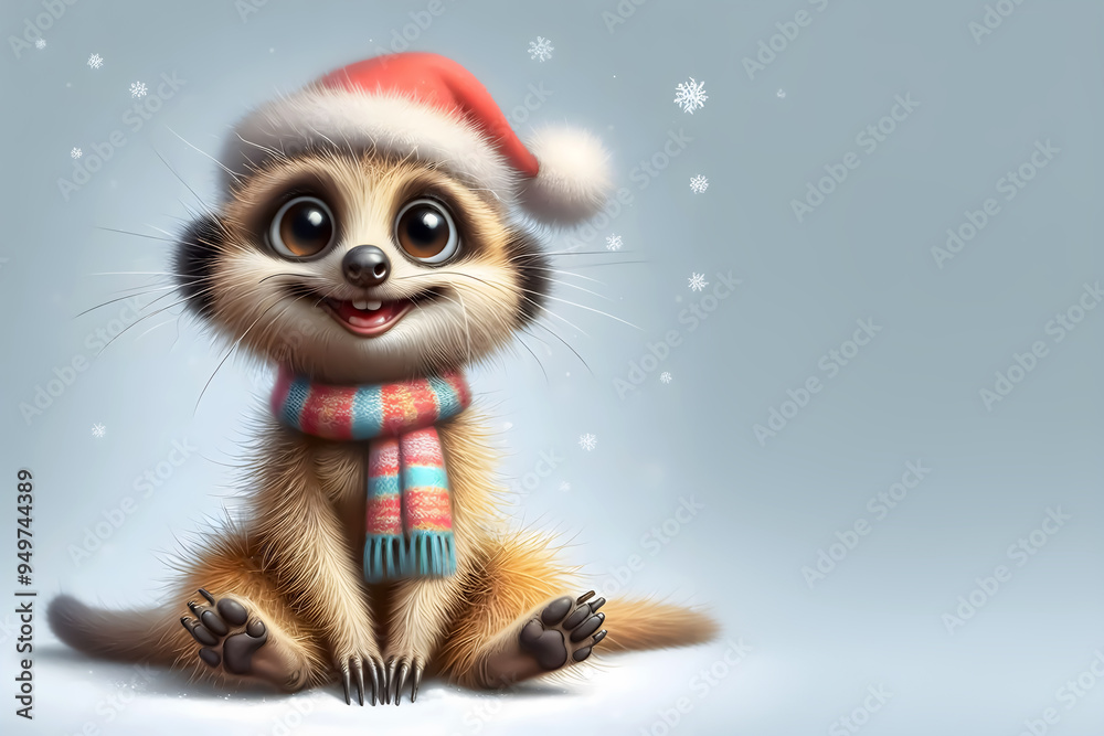 Meerkat wearing a Christmas hat, Merry Christmas card, banner, copy space Meerkat wearing a Christmas hat, Merry Christmas card, banner, copy space