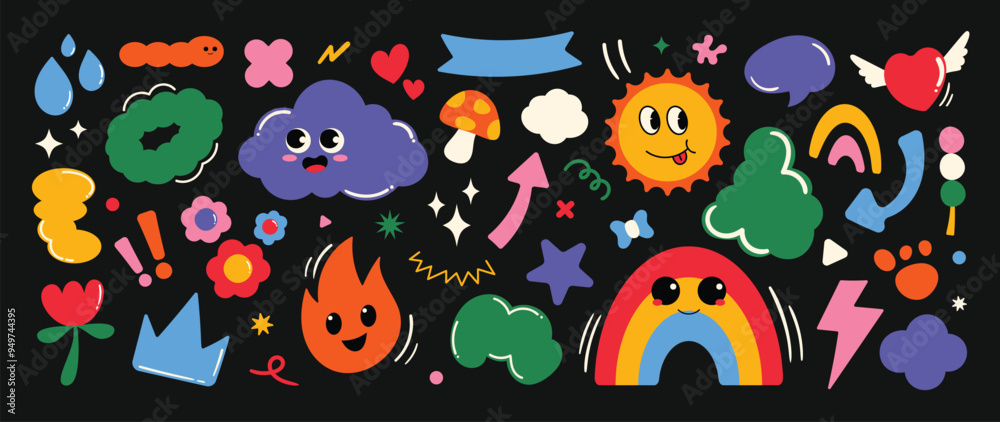 Set of funky groovy element vector. Collection of cartoon characters, cute doodle dawn, cloud, rainbow, sun, fire, heart, flower, crown. Retro hippie design for decorative, sticker, toys and kids. Set of funky groovy element vector. Collection of cartoon characters, cute doodle dawn, cloud, rainbow, sun, fire, heart, flower, crown. Retro hippie design for decorative, sticker, toys and kids.