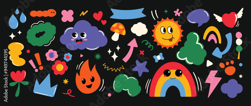 Set of funky groovy element vector. Collection of cartoon characters, cute doodle dawn, cloud, rainbow, sun, fire, heart, flower, crown. Retro hippie design for decorative, sticker, toys and kids.
