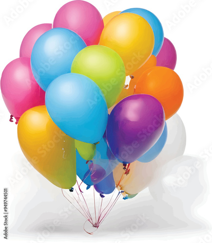 Realistic bunch of flying glossy balloons, multicolored, filled with helium with white background, illustration, colorful balloons, eps