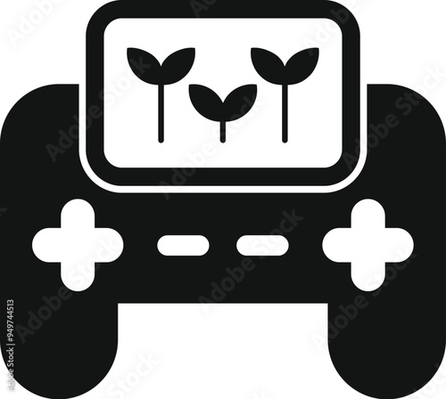 Simple vector icon of a game console showing growing plants, representing the growing industry of farming simulation games