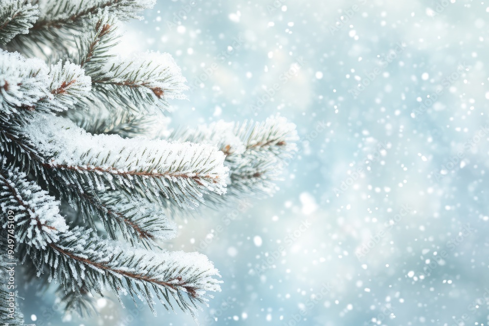 Snowy Christmas background with a close - up of frosted pine branches