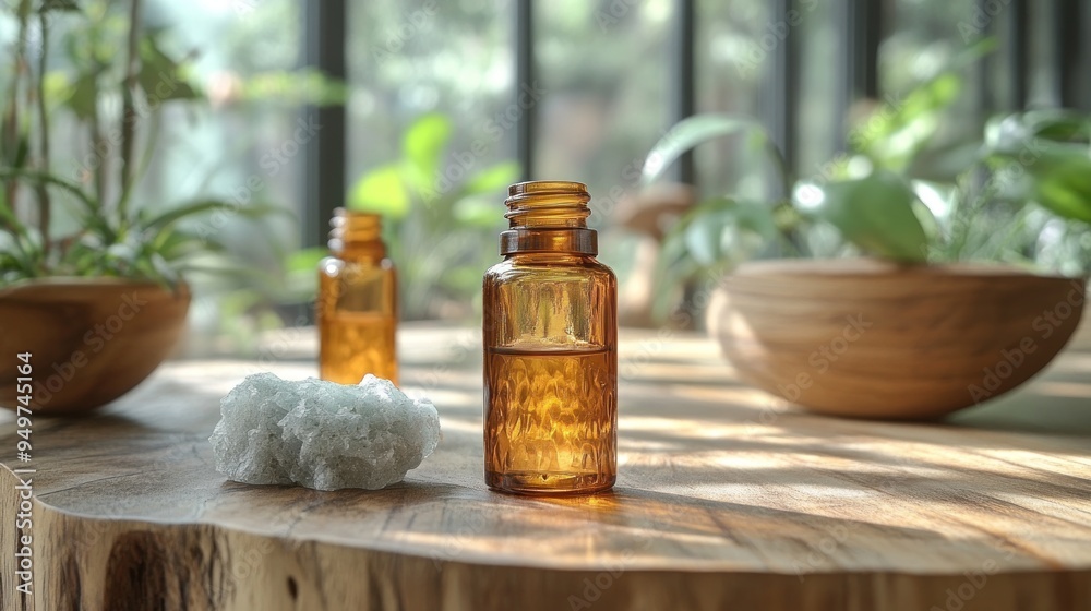 Essential Oils and Crystal on Wooden Table Essential Oils and Crystal on Wooden Table