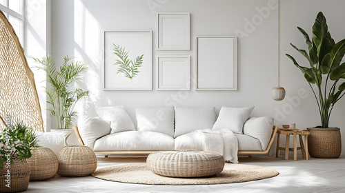 Fototapeta Naklejka Na Ścianę i Meble -  Empty picture frames on a white wall in modern living room with a modern sofa. Home staging concept mock up