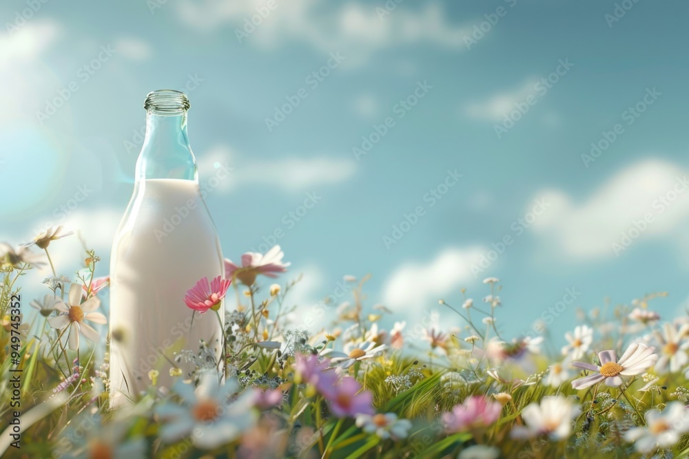 Spring Freshness: Close-Up of Milk Bottle in Flower Meadow - Ideal for Print, Poster, Card Design Spring Freshness: Close-Up of Milk Bottle in Flower Meadow - Ideal for Print, Poster, Card Design