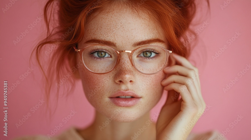 A woman with red hair and glasses is posing for a picture A woman with red hair and glasses is posing for a picture