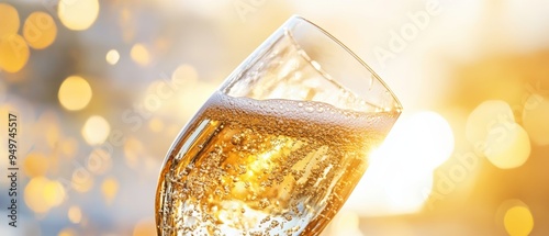 A sparkling glass filled with golden beverage, shimmering in the light, perfect for celebrations and toasting special moments. photo