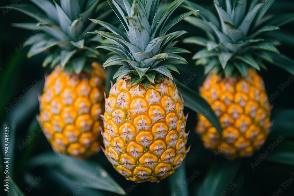 Close-up of Three Ripe Pineapples with Spiky Green Leaves Close-up of Three Ripe Pineapples with Spiky Green Leaves