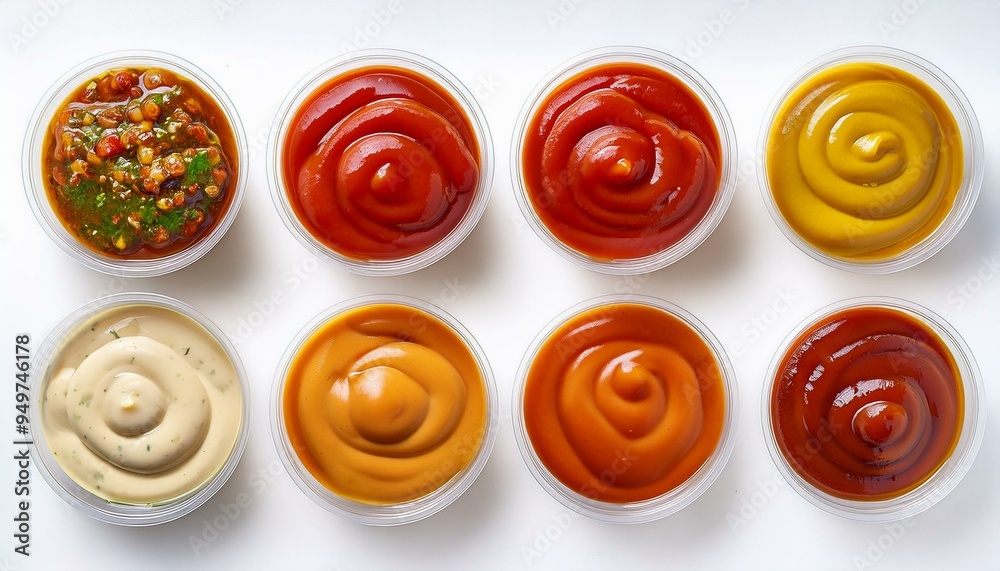 Top views of plastic cups filled with various sauces burger (pink-orange), sweet chili, ranch, BBQ, ketchup, French mustard, honey mustard. Top views of plastic cups filled with various sauces burger (pink-orange), sweet chili, ranch, BBQ, ketchup, French mustard, honey mustard.
