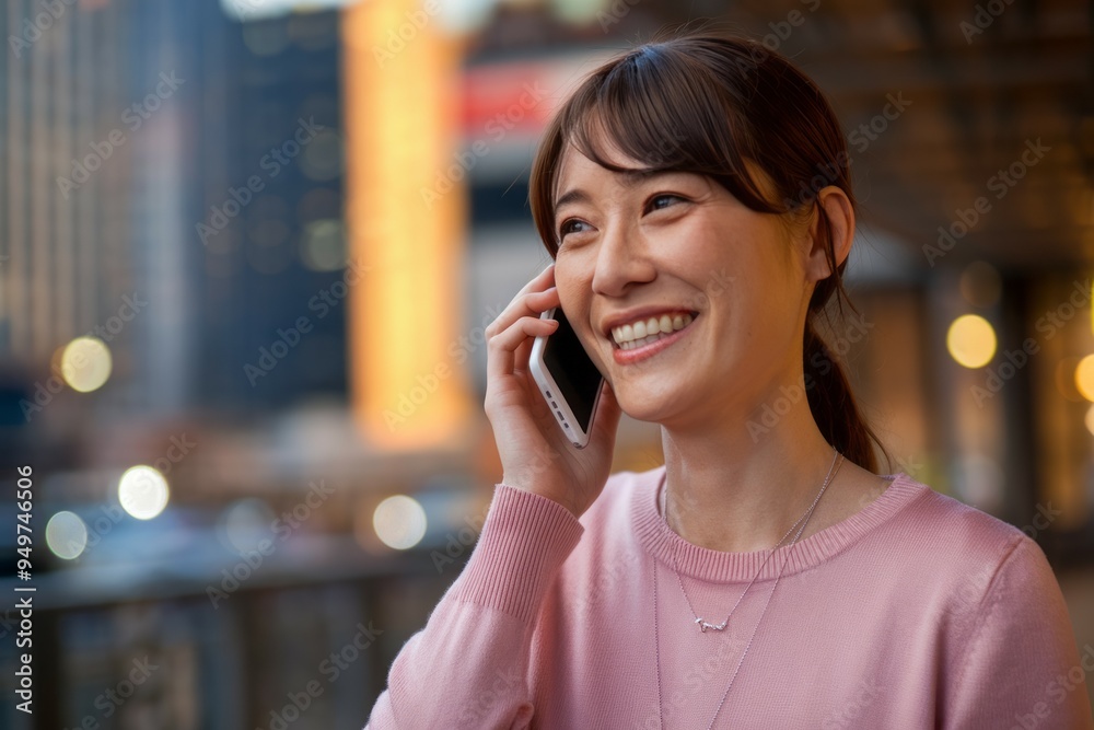 Happy phone call. Woman smiling while talking on her mobile phone in a city setting. Happy phone call. Woman smiling while talking on her mobile phone in a city setting.