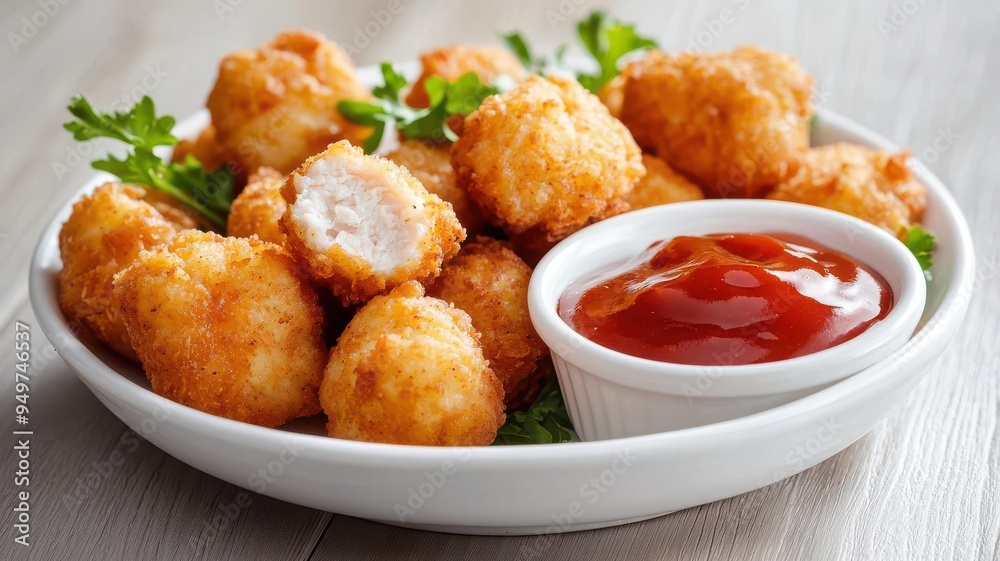 Close-up of crispy chicken nuggets with dipping sauce, Kid-friendly snack, Fast food favorite