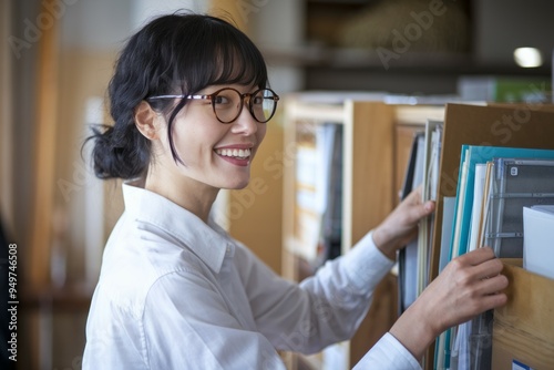 Woman organizing files. Young woman in a white shirt, smiling, organizing files in a cabinet. This image signifies organization, productivity, and efficiency.