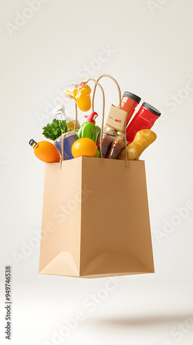 Vegetables and fruits groseries flying out the brown paper bag isolated on white background photo