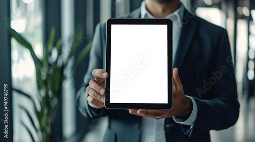 png. A businessman holds a mockup. iPad digital tablet with blank screen Mockup replaces your design mockup in the office. transparent screen. png