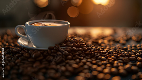 A white coffee cup sits on a pile of coffee beans