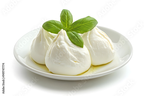 Fresh piece burrata cheese with basil close up isolated on white background