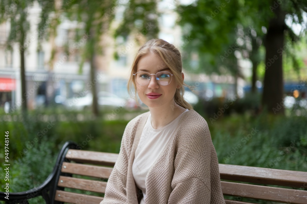 Young woman glasses park bench. A young woman wearing glasses sits on a park bench, looking away from the camera. Young woman glasses park bench. A young woman wearing glasses sits on a park bench, looking away from the camera.