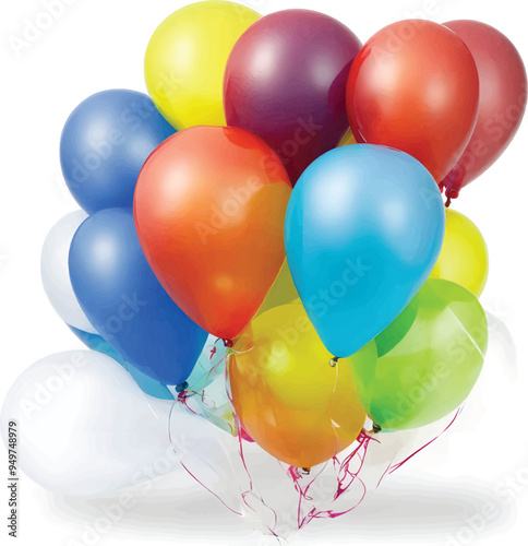 Realistic bunch of flying glossy balloons, multicolored, filled with helium with white background, illustration, colorful balloons, eps