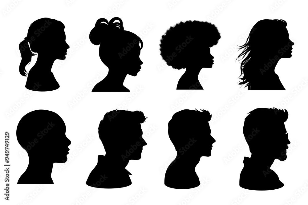 PNG people head silhouette design element set, transparent background