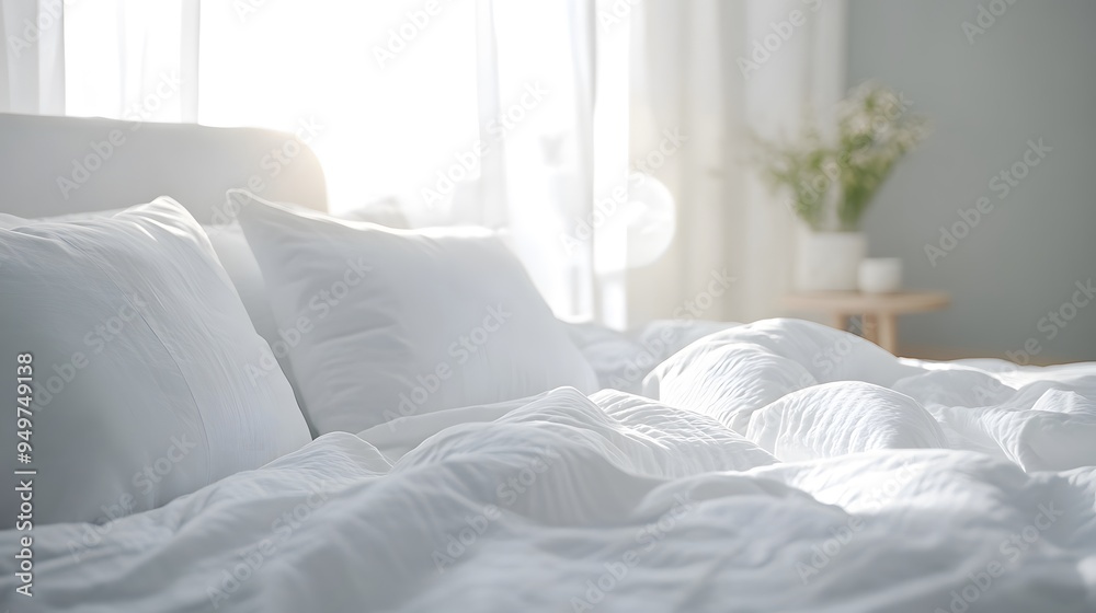 White Bedding and Pillows with Sunbeams in a Cozy Bedroom White Bedding and Pillows with Sunbeams in a Cozy Bedroom