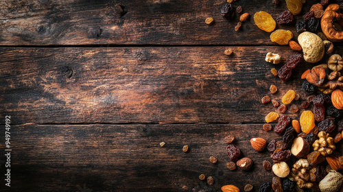 A close-up of dried tropical fruits, such as mango and pineapple, mixed with various nuts like almonds and cashews, along with raisins, spread out on an old wooden table. 