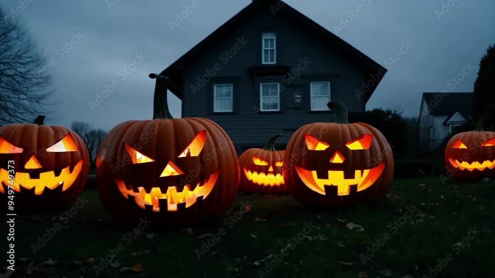 Glowing jack-o-lanterns illuminate the yard of a house on Halloween night, creating a spooky atmosphere with carved faces and autumn ambience. Glowing jack-o-lanterns illuminate the yard of a house on Halloween night, creating a spooky atmosphere with carved faces and autumn ambience.