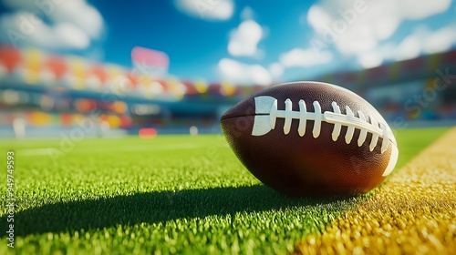 American Football on Grass Field with Stadium Background