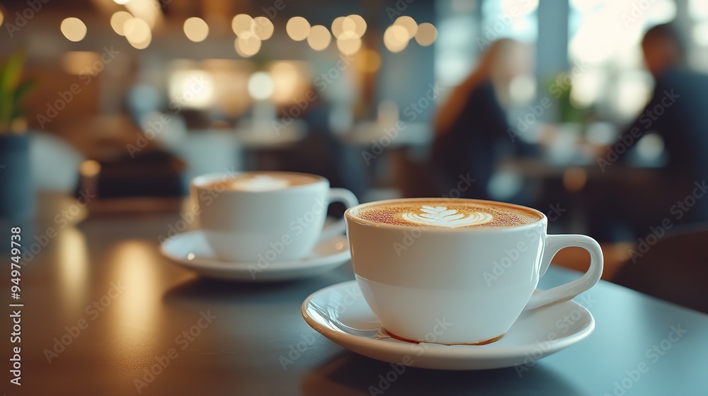 Fototapeta premium Close up cups of coffee or tea on the table in the office in the background. AI generated image hyper realistic