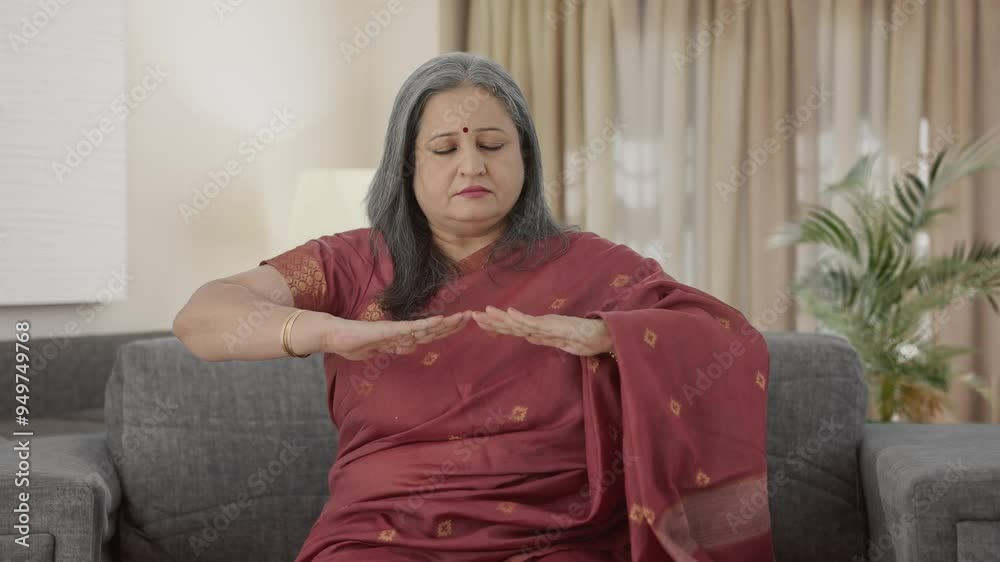 Relaxed Indian old woman doing breathe in breathe out exercise Relaxed Indian old woman doing breathe in breathe out exercise