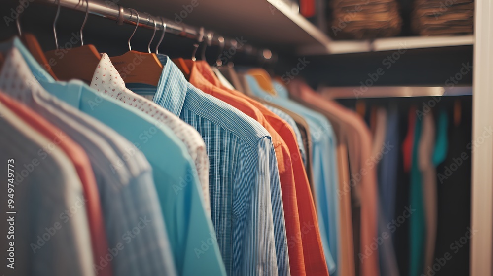 Close Up Of Striped Shirts Hanging On Wooden Hangers In Closet Close Up Of Striped Shirts Hanging On Wooden Hangers In Closet