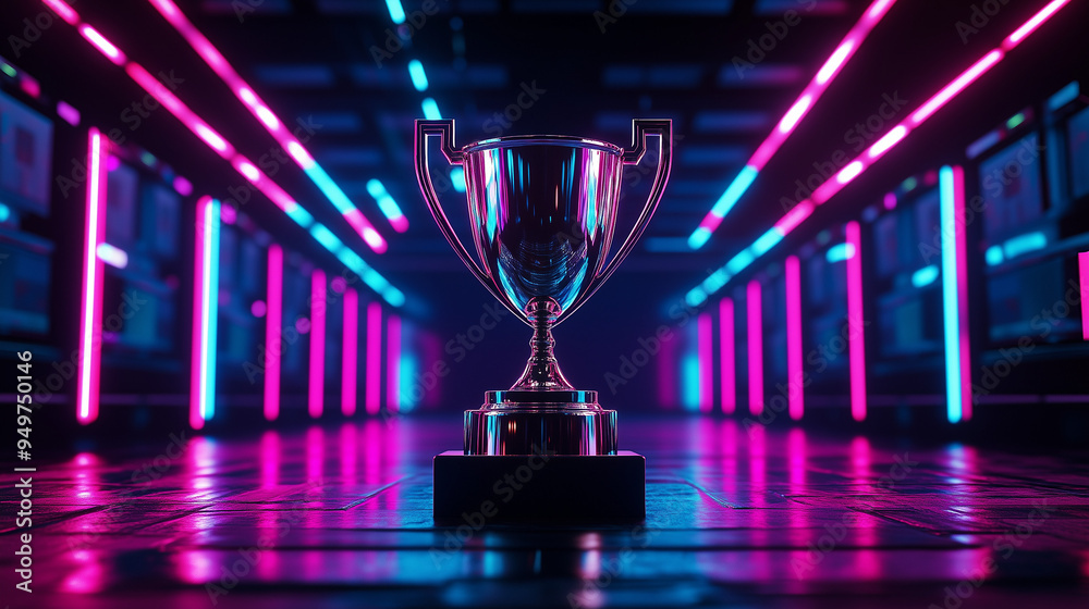 Trofeum e-sportowe w centralnym punkcie sceny na arenie podczas mistrzostw komputerowych. Trofeum e-sportowe w centralnym punkcie sceny na arenie podczas mistrzostw komputerowych.