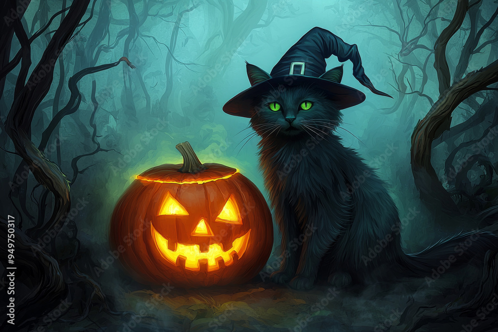 Black Cat in Witch Hat with Jack-o'-Lantern in a Foggy Forest Black Cat in Witch Hat with Jack-o'-Lantern in a Foggy Forest
