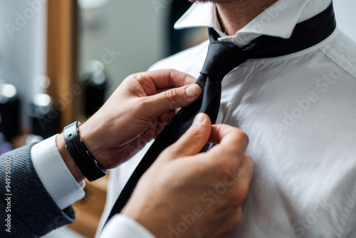 Tie assistance. Man getting help tying a tie, a symbol of preparation and readiness for an important event.